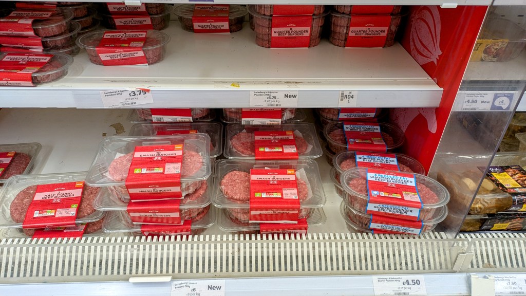The fresh burger shelf at Sainsbury's