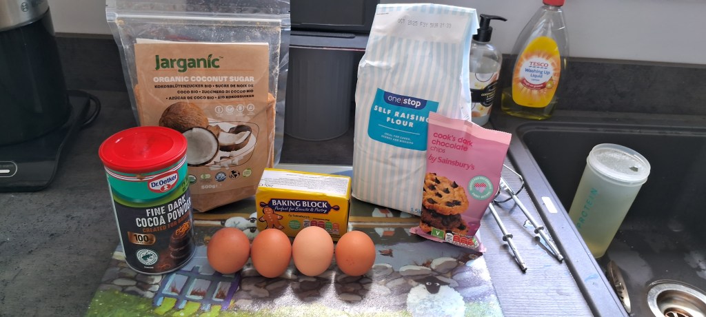 The ingredients for the brownies lined up on the worktop
