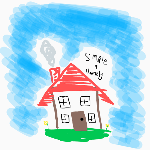 A litle house with a red roof in front of a blue sky