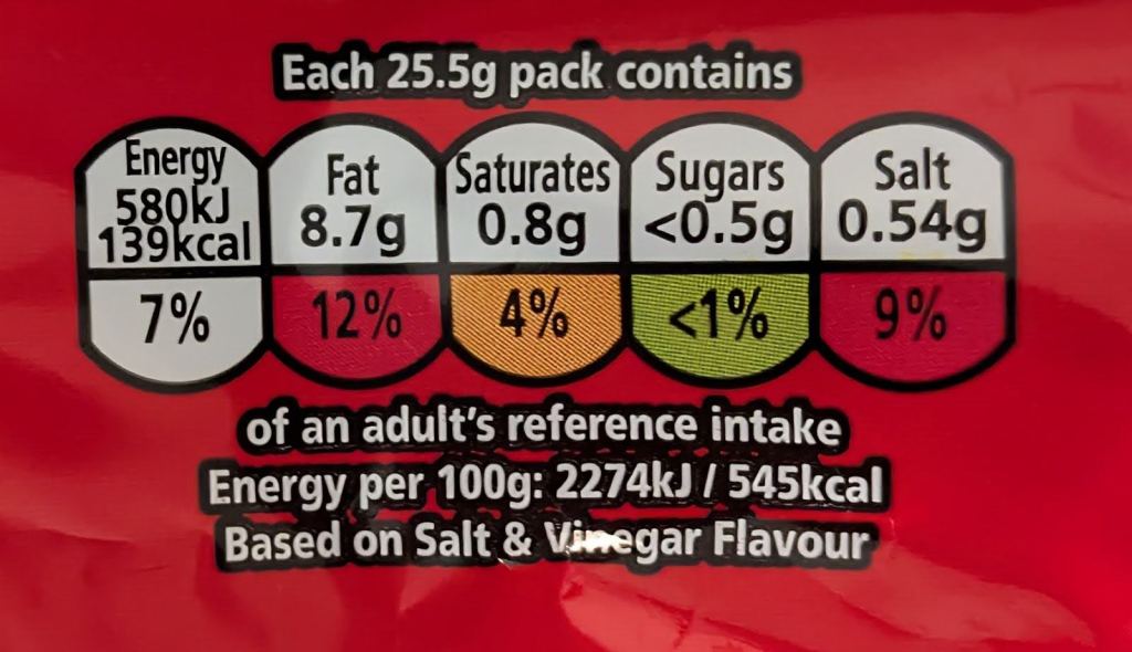 A food traffic light label on a packet of ready salted crisps