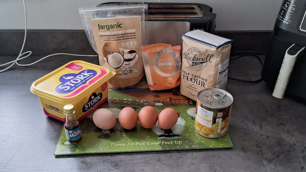 The ingredients for our pineapple upside down cake on a worktop