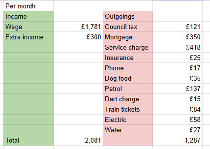 A spreadsheet listing incomes and outgoings