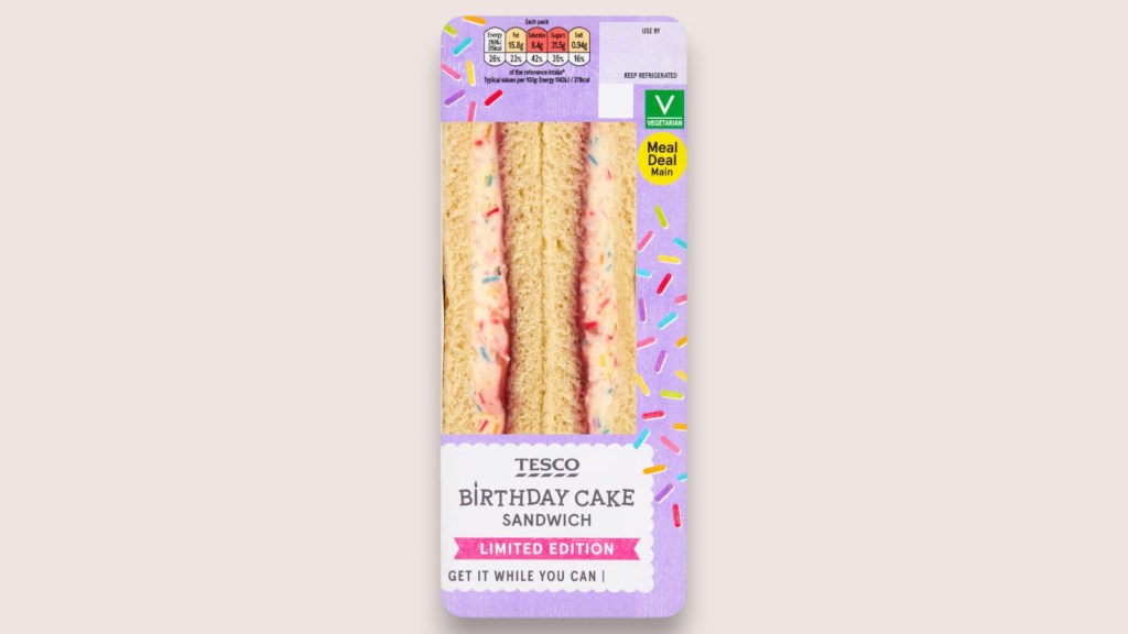 Tesco Birthday Cake sandwich on a light purple background