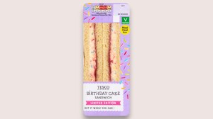 Tesco Birthday Cake sandwich on a light purple background