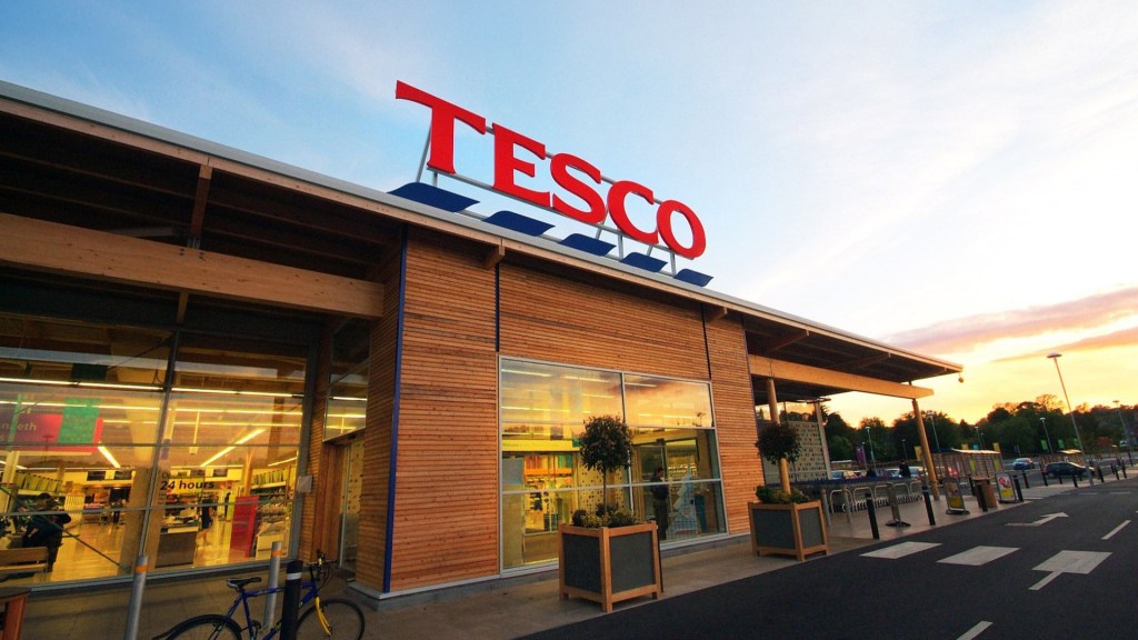 Tesco store front at sunset