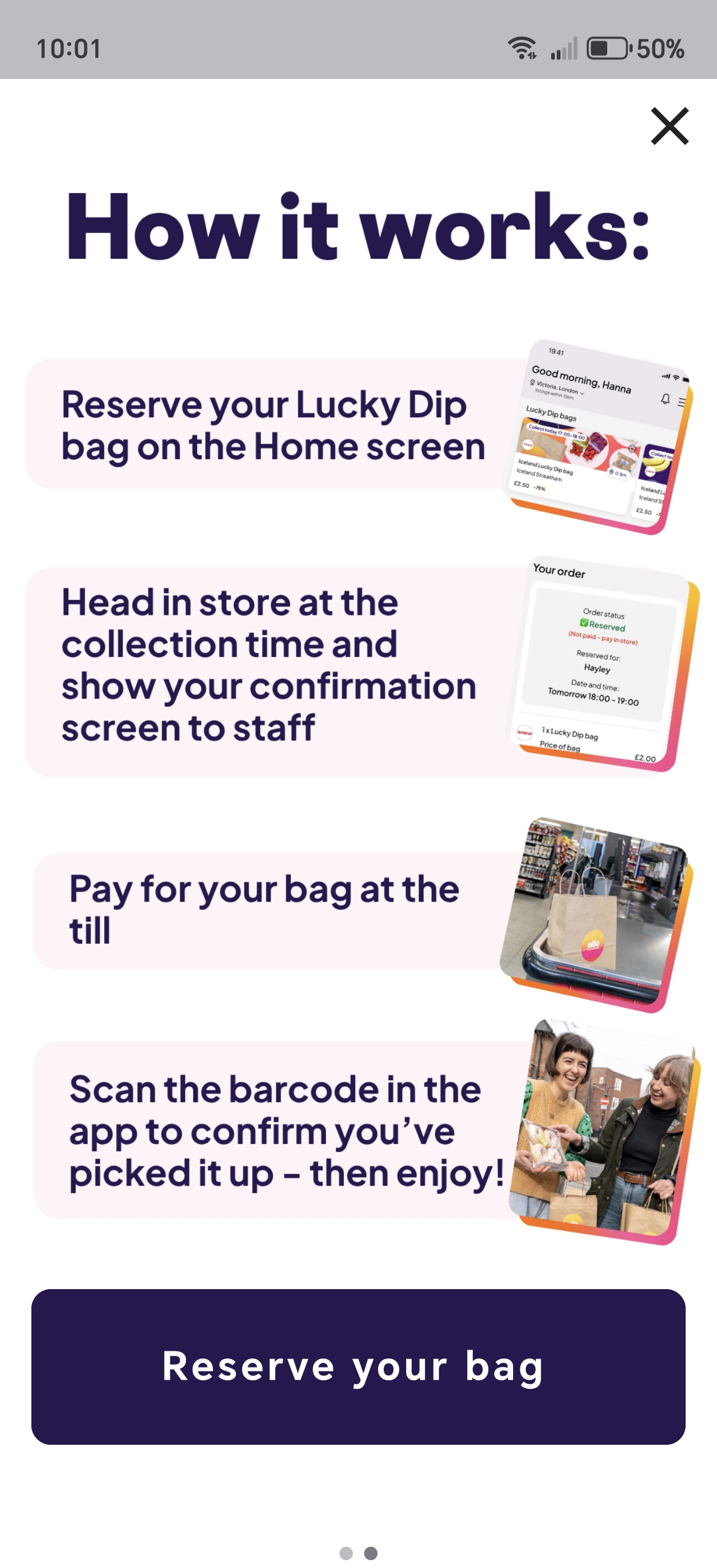 The Olio app explaining how to reserve a lucky dip bag at Iceland