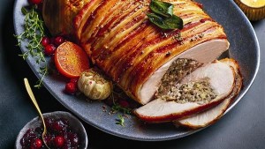 Tesco Finest stuffed turkey sliced on a plate