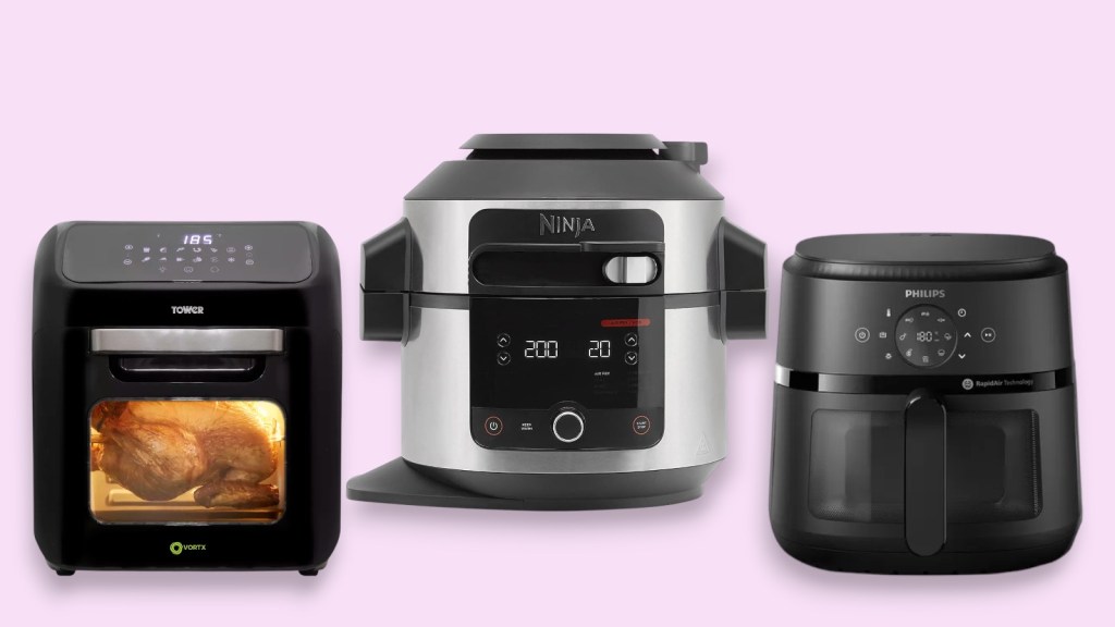 Philips, Tower and Ninja air fryers on a light purple background