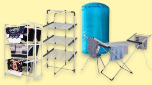 Four heated clothes airers on a light yellow background