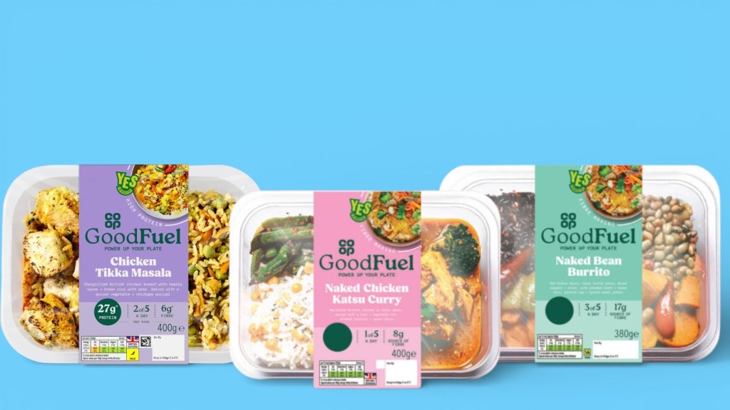 Three Co-op Good Fuel Power Up Your Plate meals on a blue background