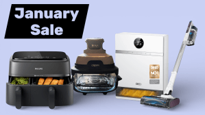 Two air fryers, a heater and a vacuum on a light purple background