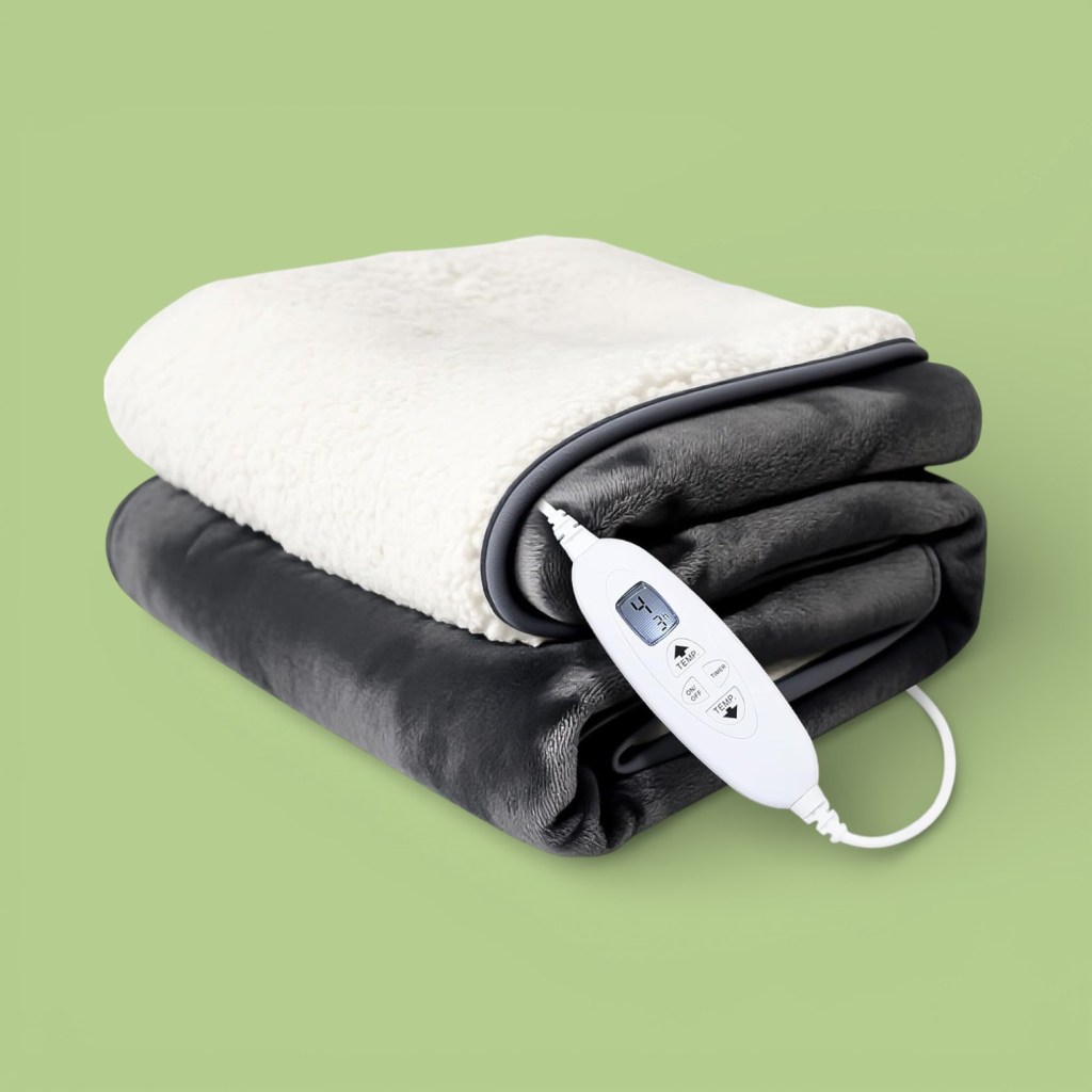 Electric blanket folded into a square on a green background